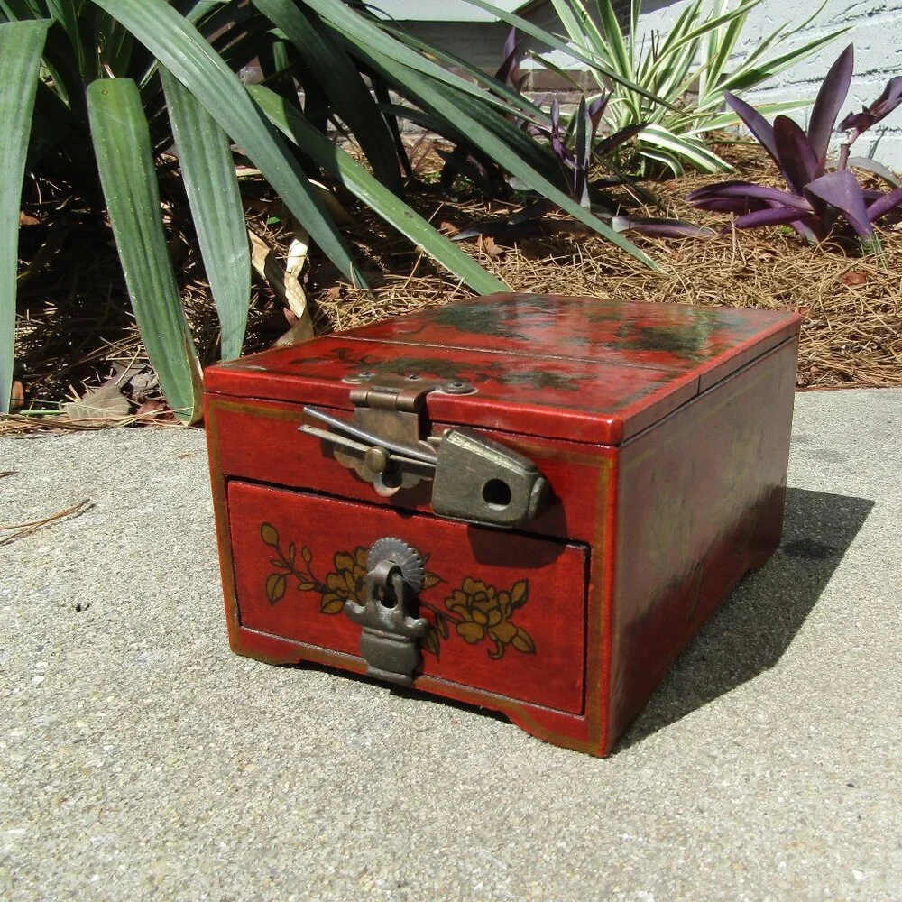 Vintage Chinese Red Lacquer Vanity Jewelry Box with Mirror & Dragon Motif